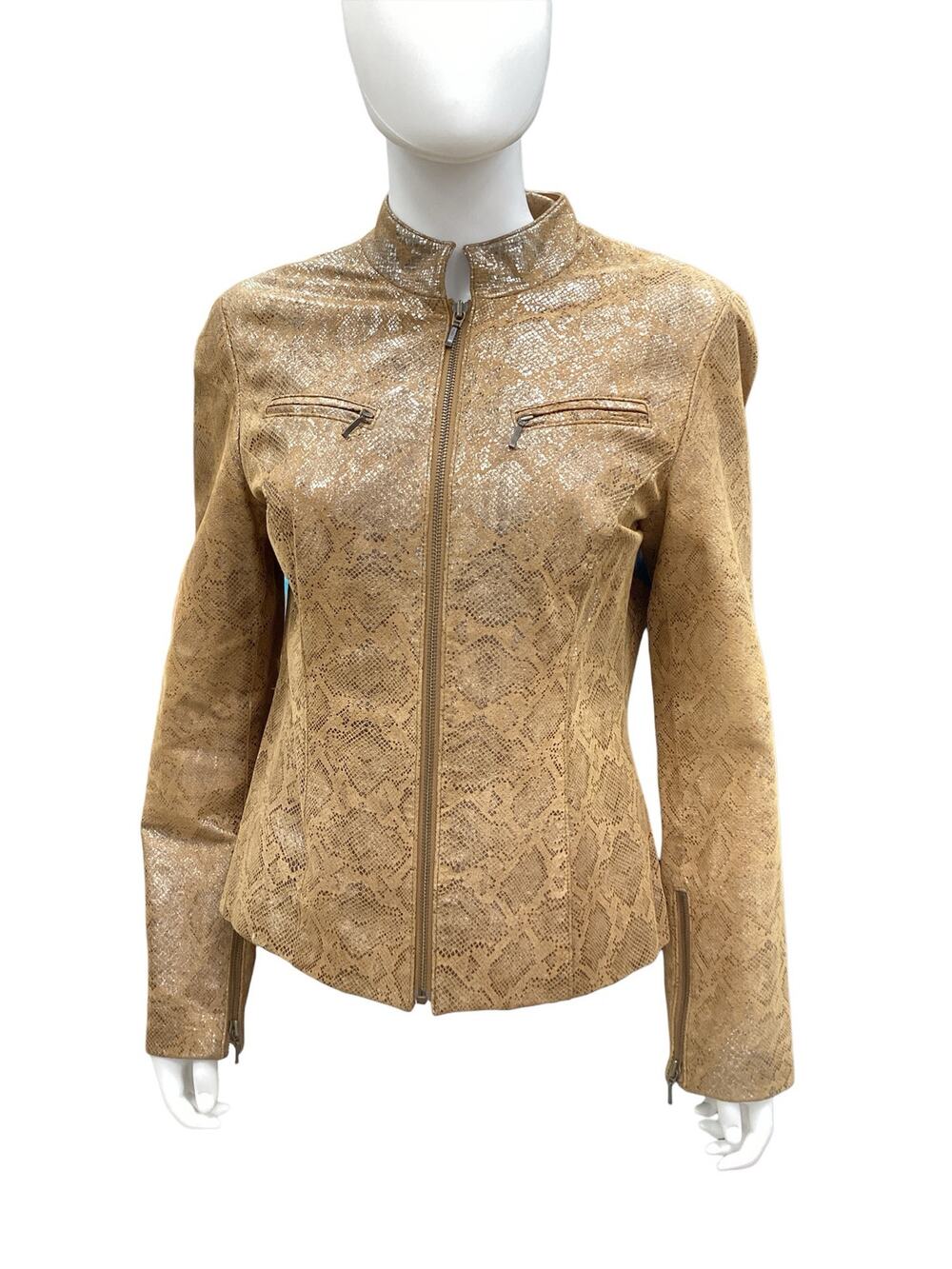 VTG Vakko SportJacket Womens SZ M Metallic Snakeskin Print Genuine Leather Brown